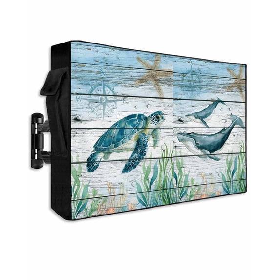 Outdoor TV Cover 30 to 32 Inch Weatherproof, Marine Life Waterproof TV Screen Protector for Outside Decor with Zipper and Pocket 30"L x 19"H , Turtle Octopus Whale Compass Starfish