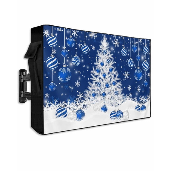 Outdoor TV Cover 30 to 32 Inch Weatherproof, Navy Blue Christmas Tree Waterproof TV Screen Protector for Outside Decor with Zipper and Pocket 30"L x 19"H , Winter Xmas Snowflake Balls