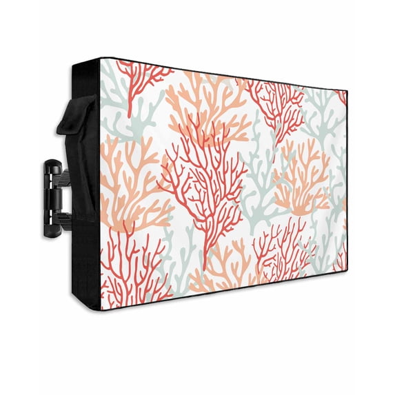 Outdoor TV Cover 30 to 32 Inch Weatherproof, Red Orange Coral Pattern Waterproof TV Screen Protector for Outside Decor with Zipper and Pocket 30"L x 19"H , Tropical Ocean Summer
