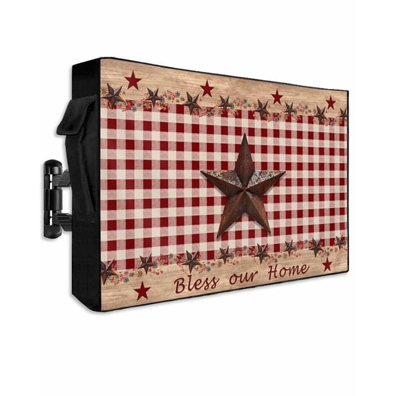 Outdoor TV Cover 30 to 32 Inch Weatherproof, Red Plaid Vintage Country Star Waterproof TV Screen Protector for Outside Decor with Zipper and Pocket 30"L x 19"H , Farmhouse Wood Texture