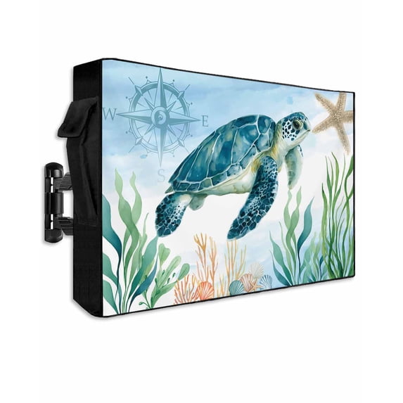 Outdoor TV Cover 30 to 32 Inch Weatherproof, Sea Turles Starfish Waterproof TV Screen Protector for Outside Decor with Zipper and Pocket 30"L x 19"H , Ocean Seaweed Blue