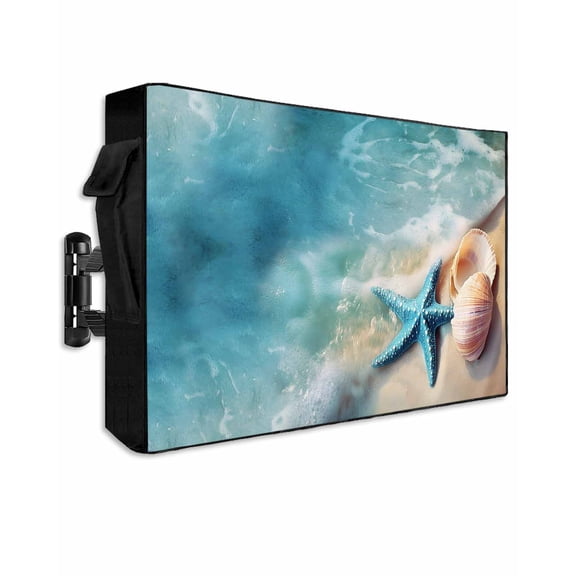 Outdoor TV Cover 30 to 32 Inch Weatherproof, Teal Blue Coastal Ocean Waterproof TV Screen Protector for Outside Decor with Zipper and Pocket 30"L x 19"H , Sandy Beach Starfish Shells