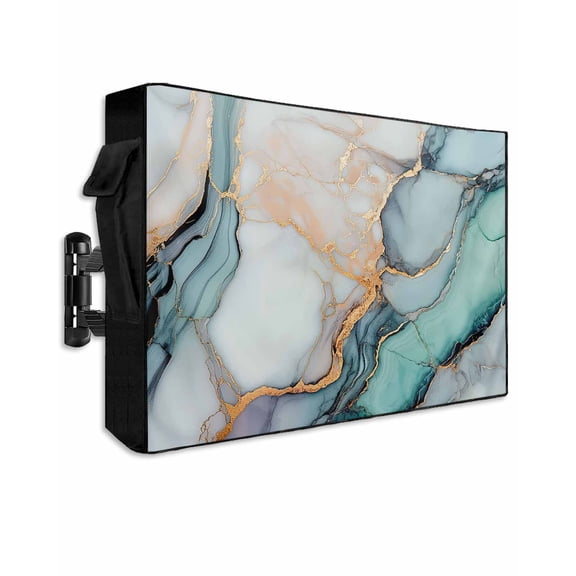 Outdoor TV Cover 30 to 32 Inch Weatherproof, Teal Blue Marble Texture Waterproof TV Screen Protector for Outside Decor with Zipper and Pocket 30"L x 19"H , Abstract Modern Gold Lines