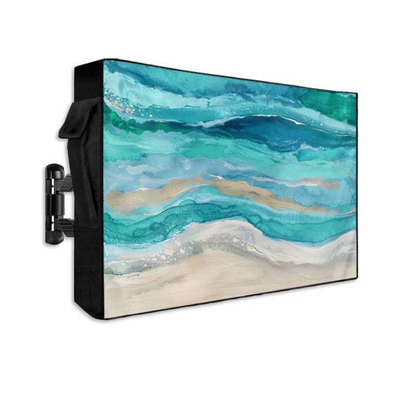 Outdoor TV Cover 30 to 32 Inch Weatherproof, Turquoise Coastal Beach Waterproof TV Screen Protector for Outside Decor with Zipper and Pocket 30"L x 19"H , Abstract Teal Oceans Waves