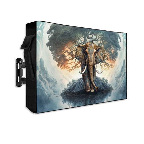 Outdoor TV Cover 30 to 32 Inch Weatherproof, Vintage Boho Elephants Trees Waterproof TV Screen Protector for Outside Decor with Zipper and Pocket 30"L x 19"H , Chocolate Brown Blue