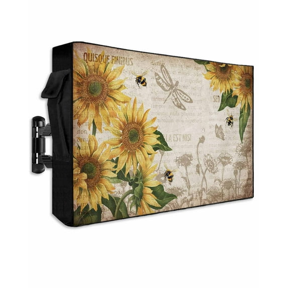 Outdoor TV Cover 30 to 32 Inch Weatherproof, Yellow Farmhouse Sunflowers Waterproof TV Screen Protector for Outside Decor with Zipper and Pocket 30"L x 19"H , Leaves Bee Butterfly