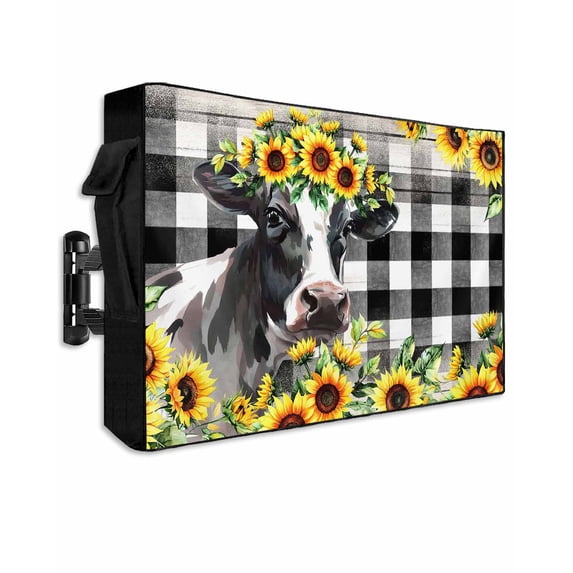 Outdoor TV Cover 30 to 32 Inch Weatherproof, Yellow Sunflower Cow Farmhouse Waterproof TV Screen Protector for Outside Decor with Zipper and Pocket 30"L x 19"H , Black And White Check Plaid