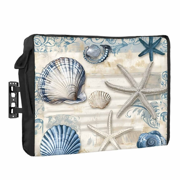 Outdoor TV Cover 30 to 32 Inches, Retro Ocean Blue Starfish Shell Farmhouse Vintage Anchor Waterproof TV Cover with Remote Control Pocket, Flat Screen TV Cover Protector for Outside TV