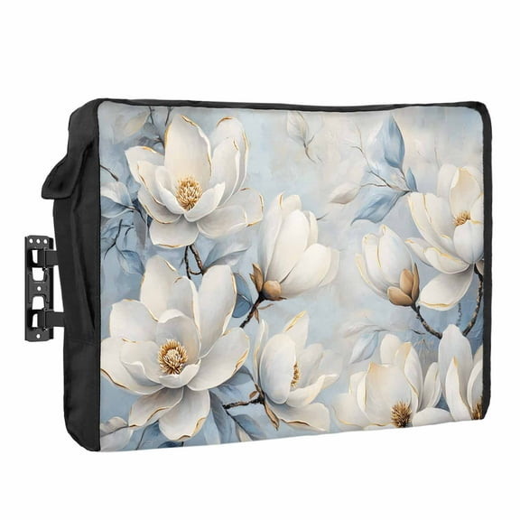 Outdoor TV Cover 30 to 32 Inches, White Magnolia Farmhouse Flowers Floral Retro Background Waterproof TV Cover with Remote Control Pocket, Flat Screen TV Cover Protector for Outside TV