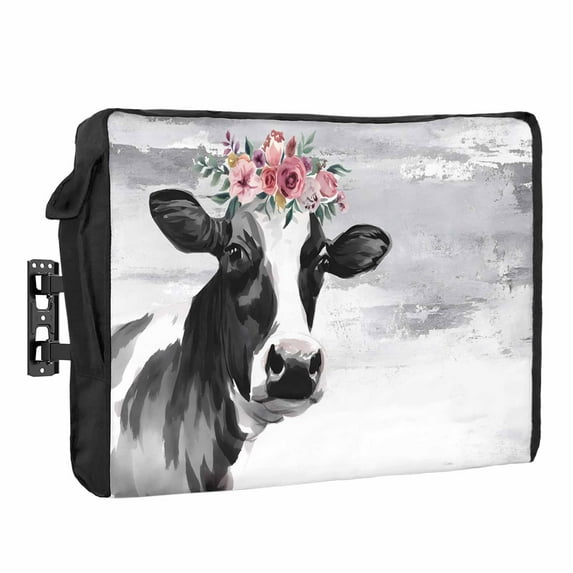 Outdoor TV Cover 36 to 39 Inches, Farm Cow Vintage Black Grey Cattle with Floral Waterproof and Weatherproof TV Cover with Remote Control Pocket, Flat Screen TV Cover Protector for Outside TV