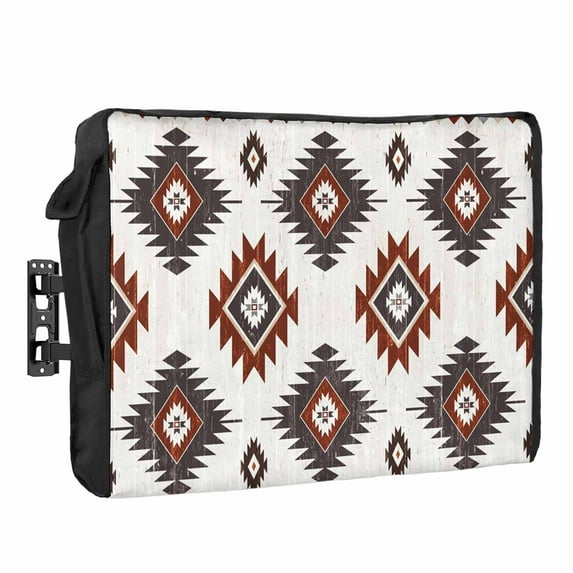 Outdoor TV Cover 36 to 39 Inches, Red Grey Aztec Ethnic Southwestern Native Geometric Waterproof and Weatherproof TV Cover with Remote Control Pocket, Flat Screen TV Cover Protector for Outside TV