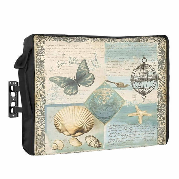 Outdoor TV Cover 36 to 39 Inches, Vintage Coastal Ocean Shell Butterfly Starfish Retro Medieval Waterproof TV Cover with Remote Control Pocket, Flat Screen TV Cover Protector for Outside TV