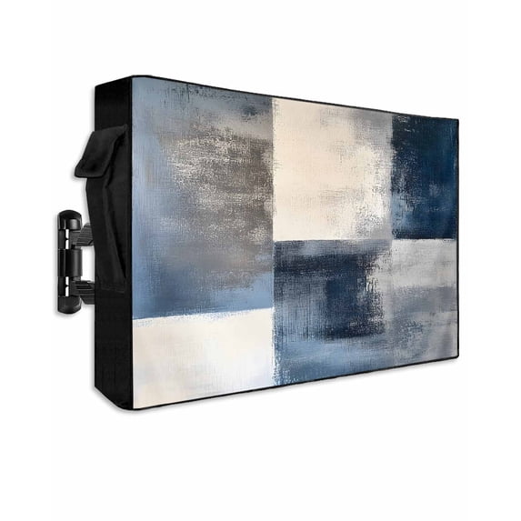 Outdoor TV Cover 40 to 43 Inch Weatherproof, Abstract Navy Blue Gray Checkered Waterproof TV Screen Protector for Outside Decor with Zipper and Pocket 40"L x 25"H , Modern Watercolor Art