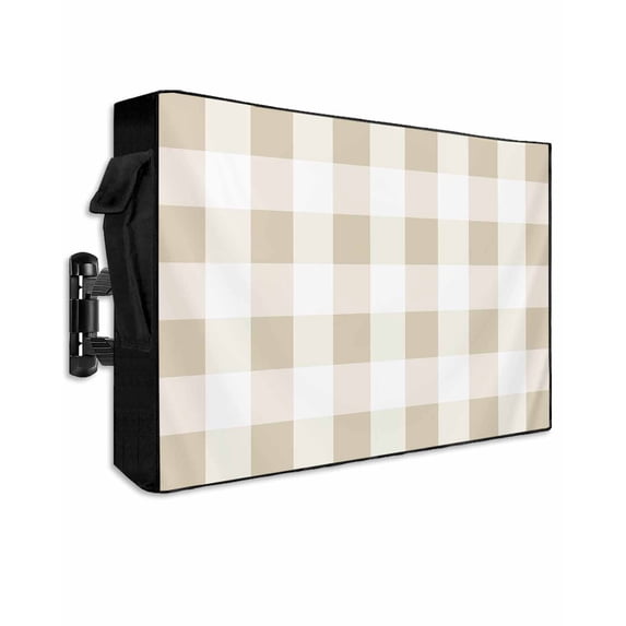Outdoor TV Cover 40 to 43 Inch Weatherproof, Beige Plaid Waterproof TV Screen Protector for Outside Decor with Zipper and Pocket 40"L x 25"H , Checkerd Pattern