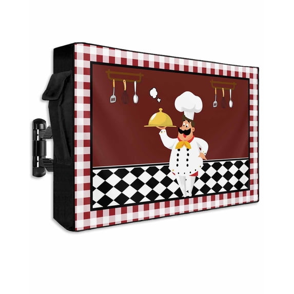 Outdoor TV Cover 40 to 43 Inch Weatherproof, Cartoon Chef Kitchen Waterproof TV Screen Protector for Outside Decor with Zipper and Pocket 40"L x 25"H , Gourmet Rustic Farmhouse Red Plaid
