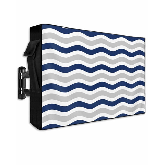 Outdoor TV Cover 40 to 43 Inch Weatherproof, Geometric Striped Pattern Waterproof TV Screen Protector for Outside Decor with Zipper and Pocket 40"L x 25"H , Navy Grey White Wave Pattern