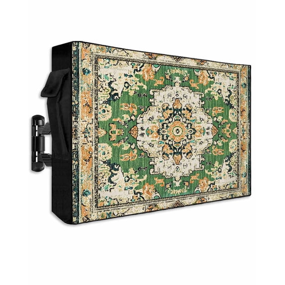 Outdoor TV Cover 40 to 43 Inch Weatherproof, Green Orange Boho Waterproof TV Screen Protector for Outside Decor with Zipper and Pocket 40"L x 25"H , Vintage Bohemian Geometric Pattern
