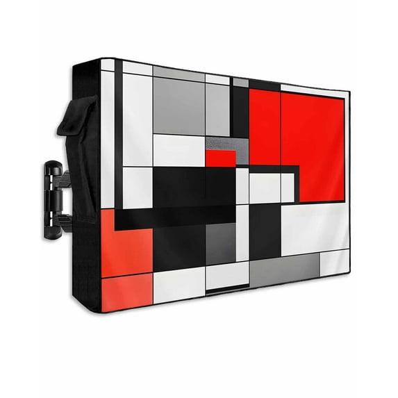 Outdoor TV Cover 40 to 43 Inch Weatherproof, Red Black Gray Squares Waterproof TV Screen Protector for Outside Decor with Zipper and Pocket 40"L x 25"H , Abstract Geometric Art