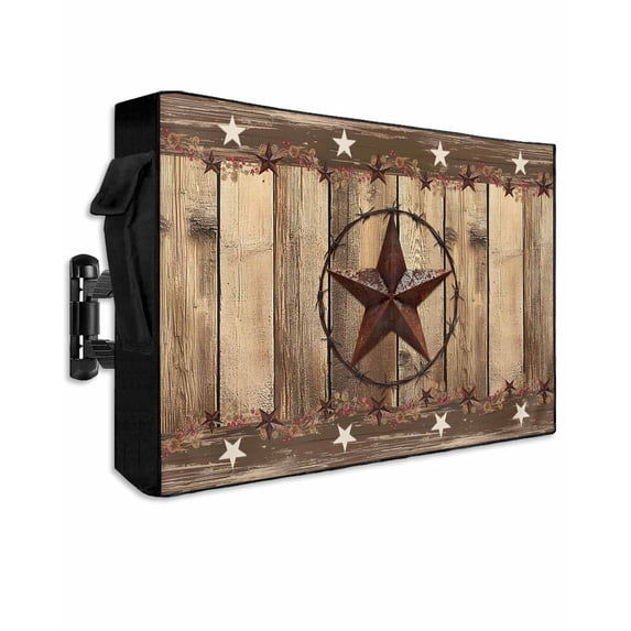 Outdoor TV Cover 40 to 43 Inch Weatherproof, Rustic Farmhouse Waterproof TV Screen Protector for Outside Decor with Zipper and Pocket 40"L x 25"H , Wood Texture Barn Star Brown