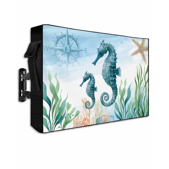 Outdoor TV Cover 40 to 43 Inch Weatherproof, Sea Hippocampus Compass Waterproof TV Screen Protector for Outside Decor with Zipper and Pocket 40"L x 25"H , Bule Sea Starfish Shell