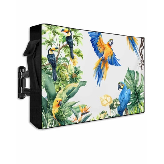 Outdoor TV Cover 40 to 43 Inch Weatherproof, Tropical Botanical Waterproof TV Screen Protector for Outside Decor with Zipper and Pocket 40"L x 25"H , Parrot Toucan Palm Banana Leaf Green Blue