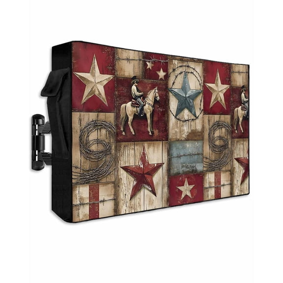 Outdoor TV Cover 40 to 43 Inch Weatherproof, Western Farmhouse Waterproof TV Screen Protector for Outside Decor with Zipper and Pocket 40"L x 25"H , Vintage Wood Texture Barn Star Red Gray
