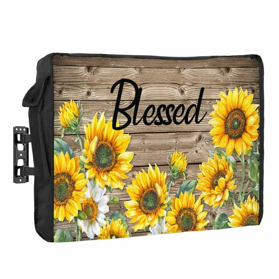 Outdoor TV Cover 40 to 43 Inches, Farmhouse Sunflower Blessed Country Vintage Brown Wood Grain Waterproof TV Cover with Remote Control Pocket, Flat Screen TV Cover Protector for Outside TV