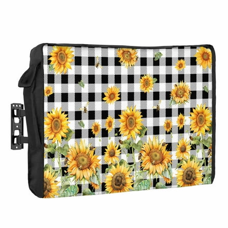 Outdoor TV Cover 40 to 43 Inches, Vintage Sunflowers Bee Black White Plaid Country Farmhouse Waterproof TV Cover with Remote Control Pocket, Flat Screen TV Cover Protector for Outside TV