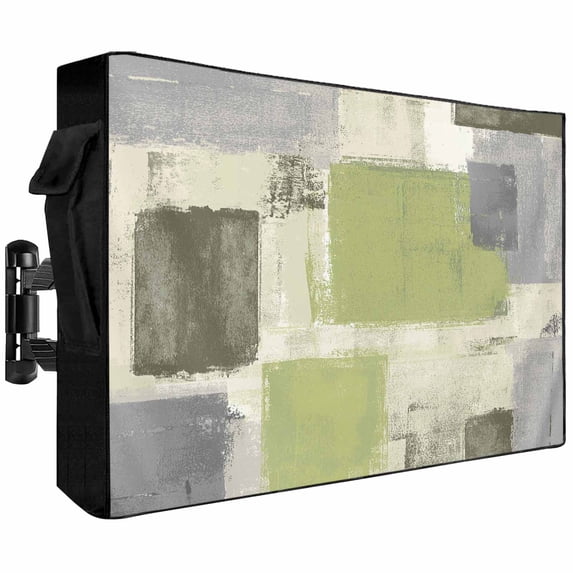 Outdoor TV Cover 40x25x4.5in, Abstract Color Block Paint Weatherproof TV Screen Protector with Zipper, Saga Green Patchwork Outside Television Cover Fits Up to 40-43"