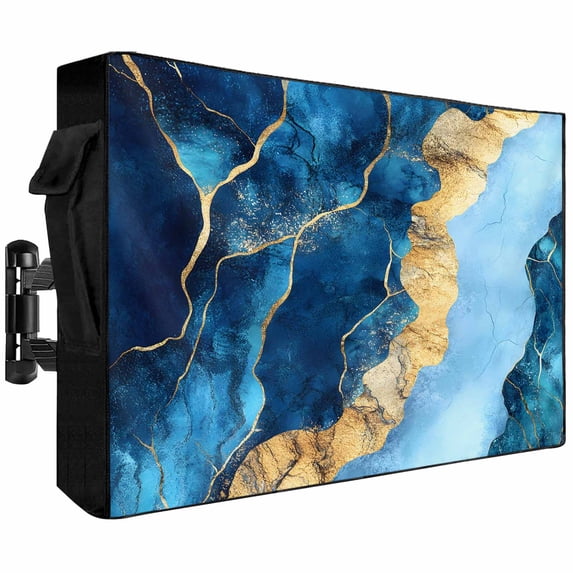 Outdoor TV Cover 40x25x4.5in, Abstract Gradient Blue Marbling Weatherproof TV Screen Protector with Zipper, Retro Golden Veins Ripple Outside Television Cover Fits Up to 40-43"
