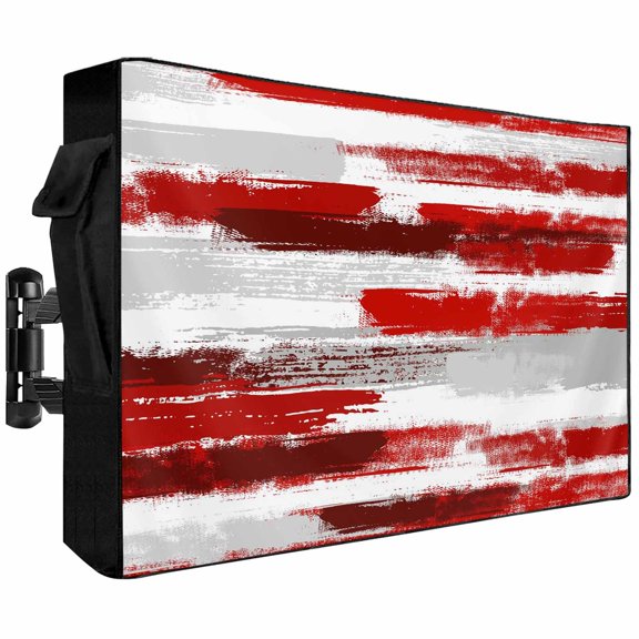 Outdoor TV Cover 40x25x4.5in, Abstract Red Grey Striped Weatherproof TV Screen Protector with Zipper, Modern Paint Pattern Outside Television Cover Fits Up to 40-43"