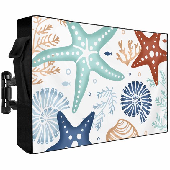 Outdoor TV Cover 40x25x4.5in, Marine Starfish Shell Coral on White Weatherproof TV Screen Protector with Zipper, Abstract Ocean Life on White Outside Television Cover Fits Up to 40-43"