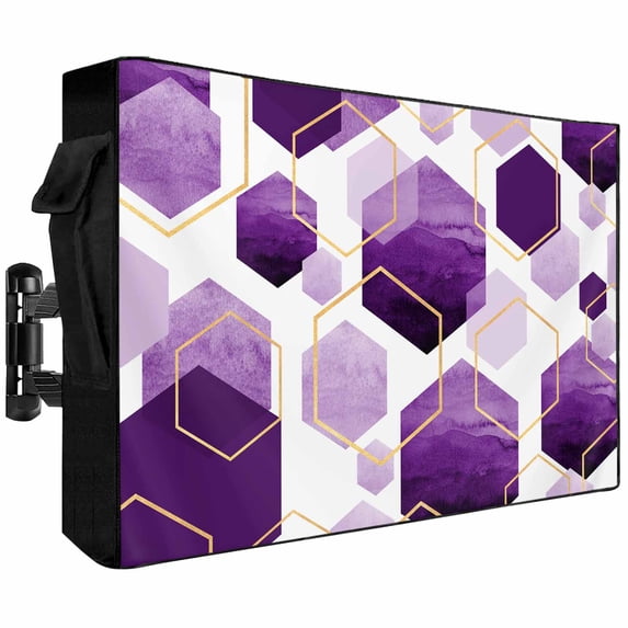 Outdoor TV Cover 40x25x4.5in, Modern Abstract Purple Color Block Weatherproof TV Screen Protector with Zipper, Retro Gold Line Outside Television Cover Fits Up to 40-43"