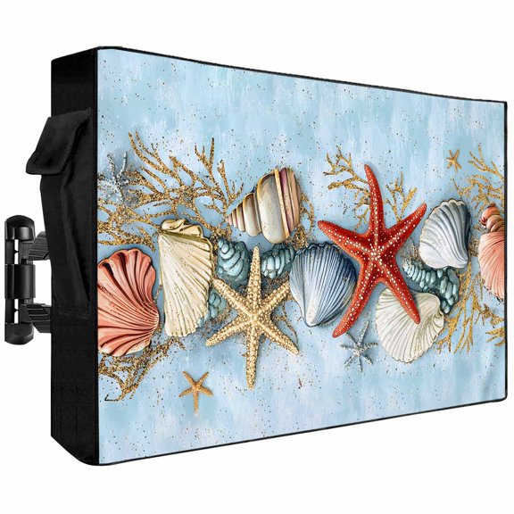 Outdoor TV Cover 40x25x4.5in, Ocean Starfish Shell Conch Weatherproof TV Screen Protector with Zipper, Blue Gradient Ocean Outside Television Cover Fits Up to 40-43"