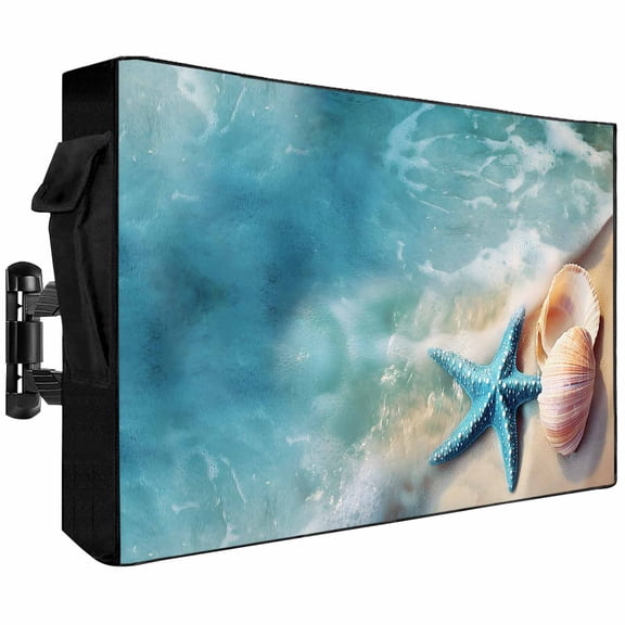Outdoor TV Cover 40x25x4.5in, Summer Beach Starfish Shells Weatherproof TV Screen Protector with Zipper, Blue Waves Water Ripple Outside Television Cover Fits Up to 40-43"
