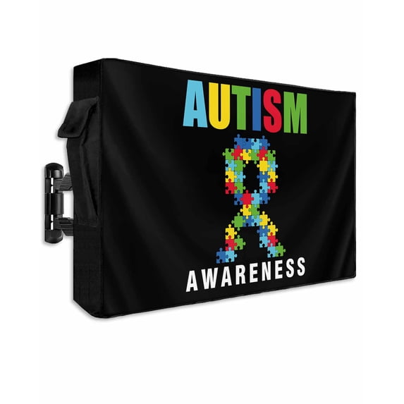 Outdoor TV Cover 48 to 50 Inch Weatherproof, Abstract Retro Waterproof TV Screen Protector for Outside Decor with Zipper and Pocket 48"L x 30"H , Autism Awareness Jigsaw Blocks Pieces Black