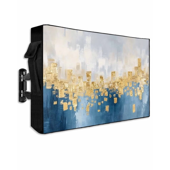 Outdoor TV Cover 48 to 50 Inch Weatherproof, Blue Gold Textured Waterproof TV Screen Protector for Outside Decor with Zipper and Pocket 48"L x 30"H , Abstract Modern Art