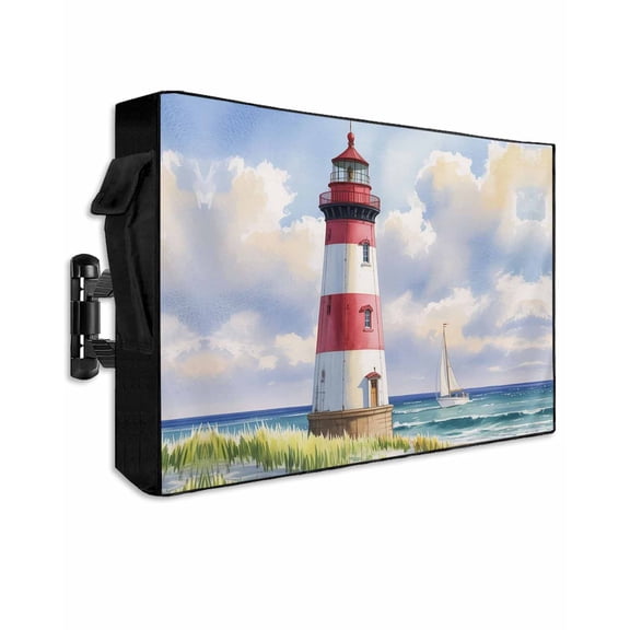 Outdoor TV Cover 48 to 50 Inch Weatherproof, Blue Nautical Ocean Waterproof TV Screen Protector for Outside Decor with Zipper and Pocket 48"L x 30"H , Abstract Lighthouse Beach Boat