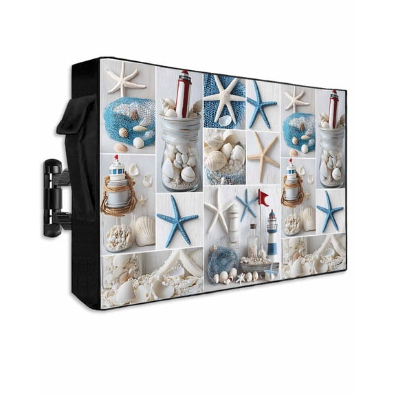 Outdoor TV Cover 48 to 50 Inch Weatherproof, Coastal Nautical Waterproof TV Screen Protector for Outside Decor with Zipper and Pocket 48"L x 30"H , Starfish Sea Shell Lighthouse Blue