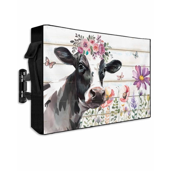 Outdoor TV Cover 48 to 50 Inch Weatherproof, Farmhouse Rustic Waterproof TV Screen Protector for Outside Decor with Zipper and Pocket 48"L x 30"H , Wildflowers Cow Wood Texture Black White