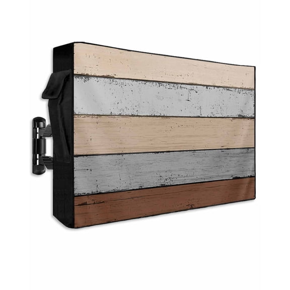 Outdoor TV Cover 48 to 50 Inch Weatherproof, Farmhouse Rustic Wood Texture Waterproof TV Screen Protector for Outside Decor with Zipper and Pocket 48"L x 30"H , Brown Grey