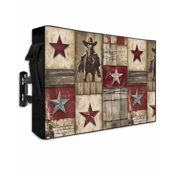 Outdoor TV Cover 48 to 50 Inch Weatherproof, Farmhouse Waterproof TV Screen Protector for Outside Decor with Zipper and Pocket 48"L x 30"H , Western Wood Texture Barn Star Red Brown