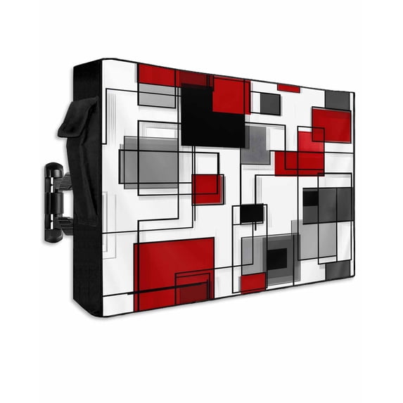 Outdoor TV Cover 48 to 50 Inch Weatherproof, Red Black and Grey Waterproof TV Screen Protector for Outside Decor with Zipper and Pocket 48"L x 30"H , Geometric Modern Abstract Art