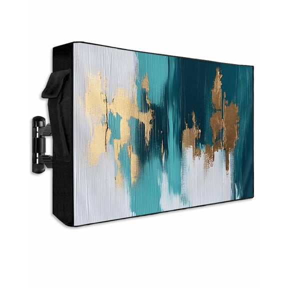 Outdoor TV Cover 48 to 50 Inch Weatherproof, Turquoise Gold Brush Waterproof TV Screen Protector for Outside Decor with Zipper and Pocket 48"L x 30"H , Abstract Modern Art