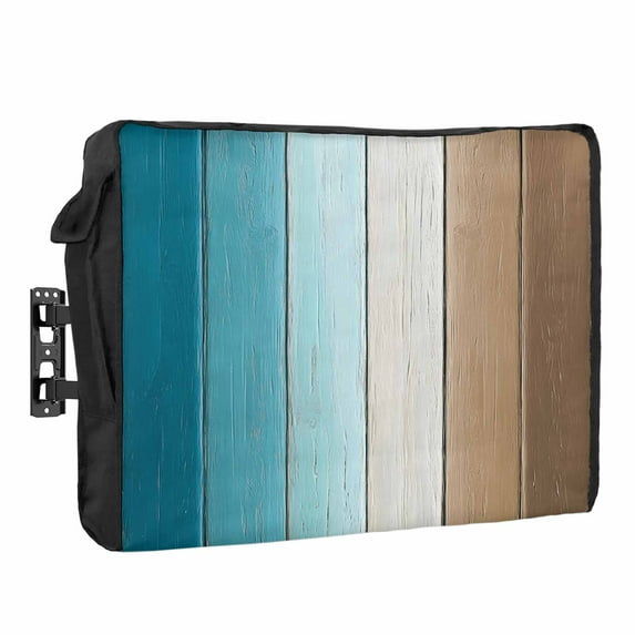 Outdoor TV Cover 48 to 50 Inches, Turquoise Brown Gradient Wood Grain Farmhouse Retro Striped Waterproof TV Cover with Remote Control Pocket, Flat Screen TV Cover Protector for Outside TV