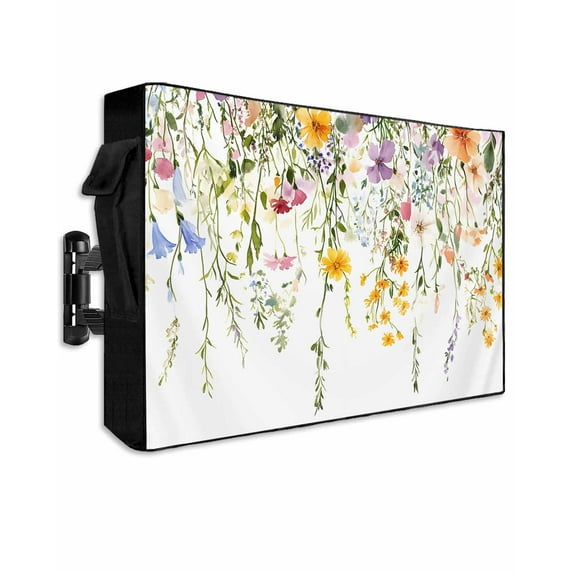 Outdoor TV Cover 52 to 55 Inch Weatherproof, Cottagecore Floral Waterproof TV Screen Protector for Outside Decor with Zipper and Pocket 52"L x 30"H , Colorful Watercolor Flowers Leaves