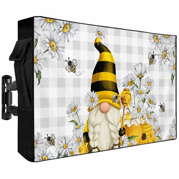 Outdoor TV Cover 52 to 55 Inch Weatherproof, Gnome Honey Bee Waterproof TV Screen Protector for Outside Decor with Zipper and Pocket 52"L x 30"H , Daisy Flower Grey Buffalo Plaid