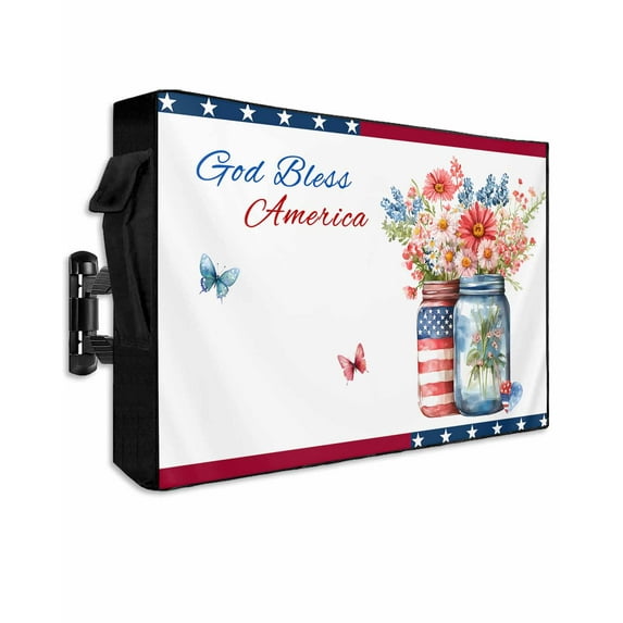 Outdoor TV Cover 52 to 55 Inch Weatherproof, Independence Day Spring Floral US Flag Farmhouse 600D Oxford TV Covers with Waterproof Zipper, Outside Flat TV Screen Protector 52"Wx19"Hx4.5"D