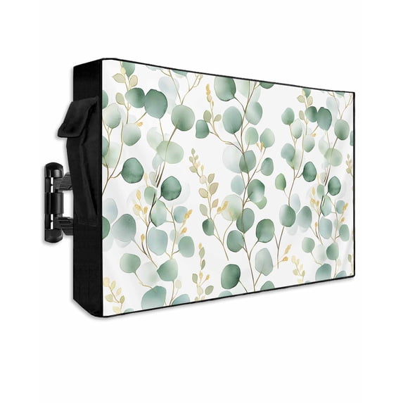 Outdoor TV Cover 52 to 55 Inch Weatherproof, Minimalist Watercolor Waterproof TV Screen Protector for Outside Decor with Zipper and Pocket 52"L x 30"H , Eucalyptus Leaves Print Green