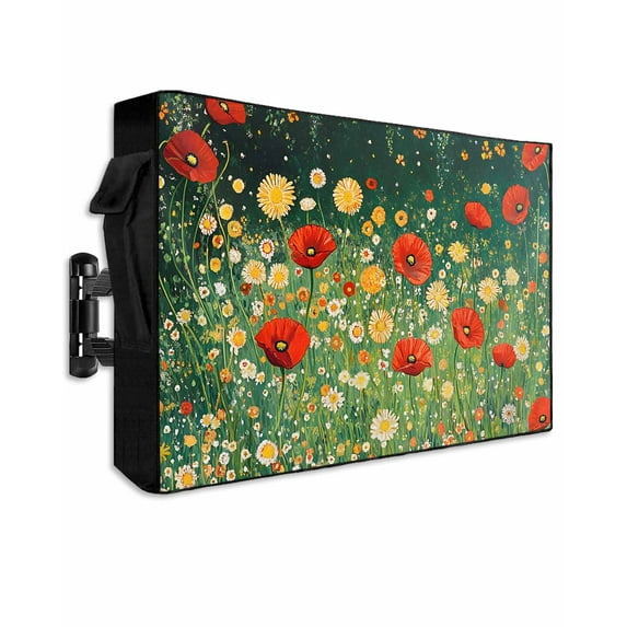 Outdoor TV Cover 52 to 55 Inch Weatherproof, Red Poppy White Daisy Flower Waterproof TV Screen Protector for Outside Decor with Zipper and Pocket 52"L x 30"H , Rustic Nature Scenery